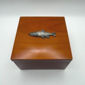 Hallmark Wooden Fish Box with 5 Coasters - Vintage Fly Fishing Decor